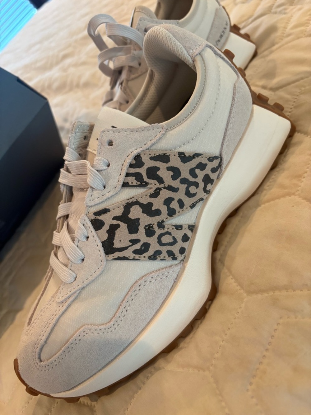 New Balance Beige Sneakers with Black Leopard Accent